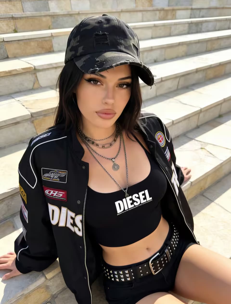 AI-generated adult woman in a black cap and racing jacket sitting on sunlit stone steps