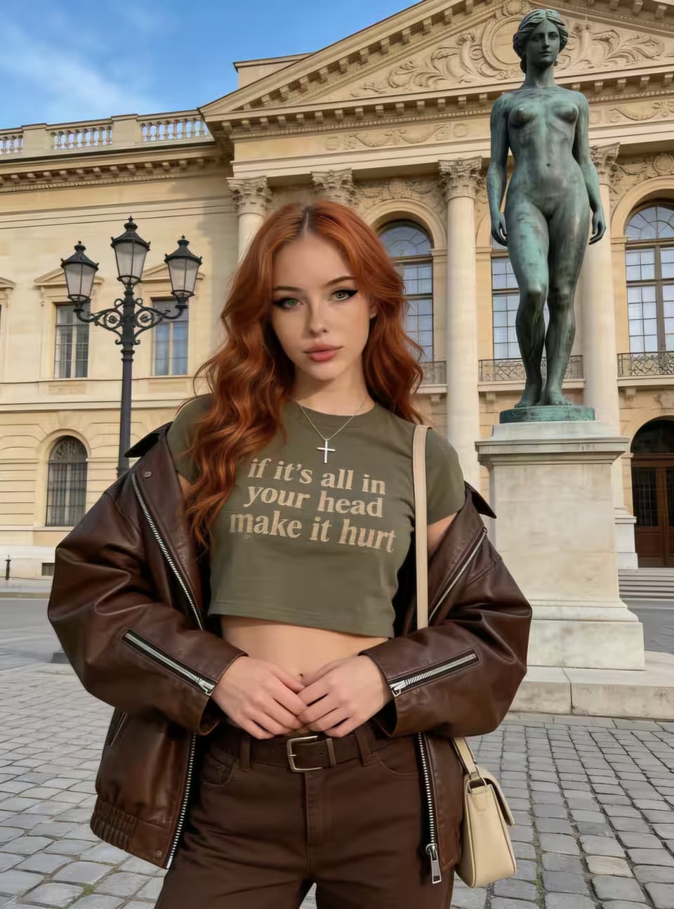 Red-haired AI-generated adult woman in a leather jacket and slogan T-shirt in a European city square